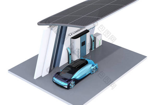 燃料电池驱动的<strong>自主</strong>汽车填充气体在燃料电池氢站配备了太阳能电池板。3d 渲染图像.