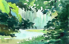 绿树成荫的风景湖水彩画. 