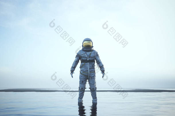 带着金色观光客站在水中，带着黑色<strong>沙尘</strong>升起的太阳的宇航员3D插图3D渲染  