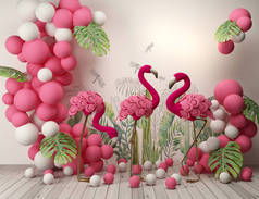 3D渲染粉红色的生日和圣诞节装饰