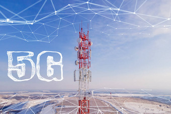 5G天线与5G技术与数字标题5G 。5G和4G网络电信塔，电信基站图片