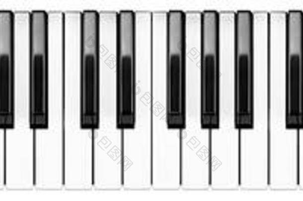全大钢琴88黑白键键盘布局隔离在白色宽全景横幅背景。古典音乐交响乐团乐器概念