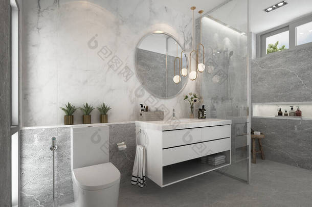 漂亮舒适的浴室和<strong>卫生间</strong>模仿室内设计和大理石瓷墙背景