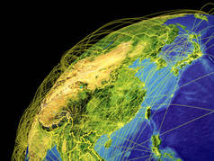 东亚从地球上的太空出发, 线路代表国际联系、通信、旅行。3d 插图。美国宇航局提供的这张图片的元素.