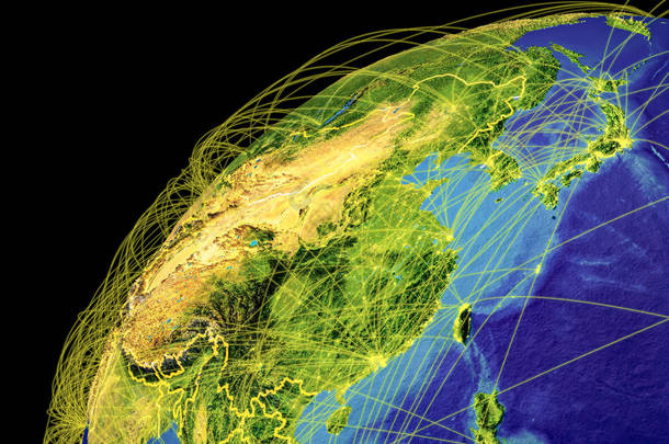 东亚从地球上的太空出发, 线路代表国际联系、通信、旅行。3d 插图。美国宇航局提供的这张图片的元素.