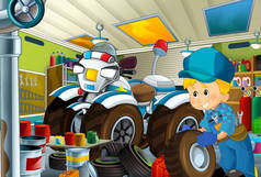 动画片场面与车库机械师工作者一些车-警察摩托车-或清洁工作地方-例证为孩子