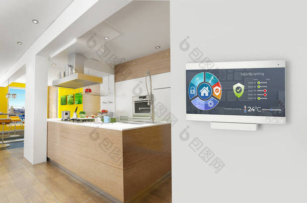 现代化家庭厨房里的家庭自动化控制站