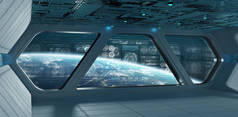 蓝色太空飞船内部空间与控制面板屏幕3d 渲染