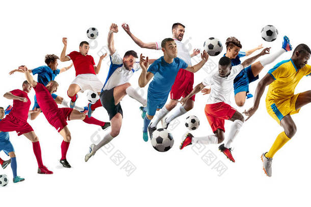 职业男子-足球足球运动员与球被隔绝的白色演播室背景