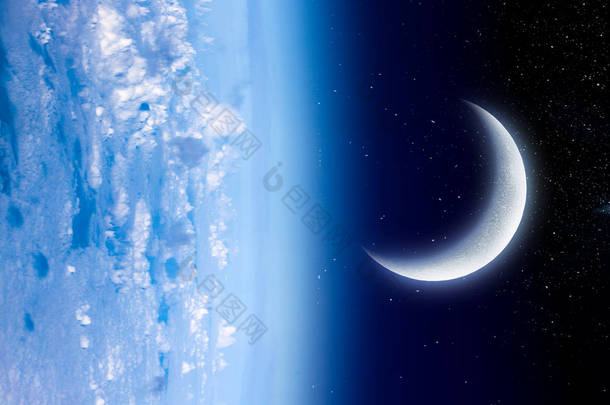 蓝色空间中的地球和月亮