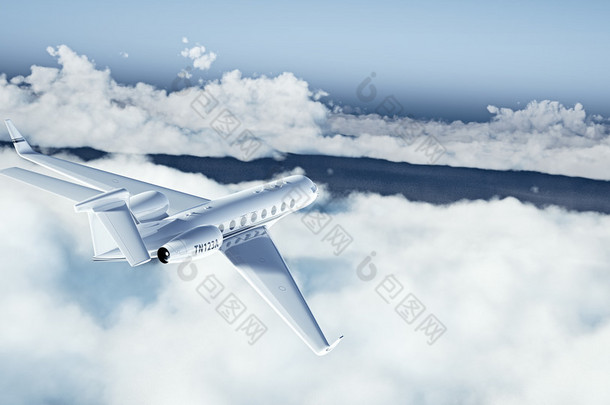 白色豪华通用设计私人飞机在地球上飞行的真实画面。空旷的蓝天，背景是白云。商务旅行概念。水平。3d 渲染