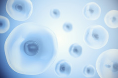 人类细胞或动物细胞在蓝色背景上。生活和生物学，医学科学概念与焦点效果。3d 图