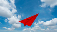 在教育或旅行概念中, 在蓝天背景下孤立的红纸飞机飞行。模拟设计。3d 抽象例证