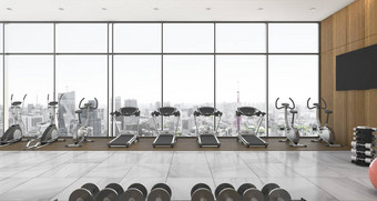 3d 渲染长市视图窗口在健身和健身房图片