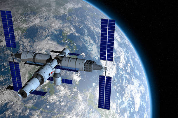 天宫3号景观——中国空间站在黑色空间以恒星背景环绕地球。3d 插图