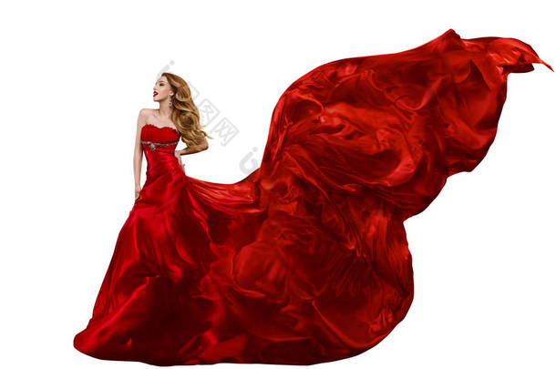 女人时尚红色衣服，挥舞着在风，飞丝织物上的<strong>礼服</strong>