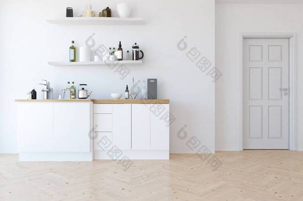 白色简约的房间内部，家具在木制地板上。家里的北欧内陆。3D插图