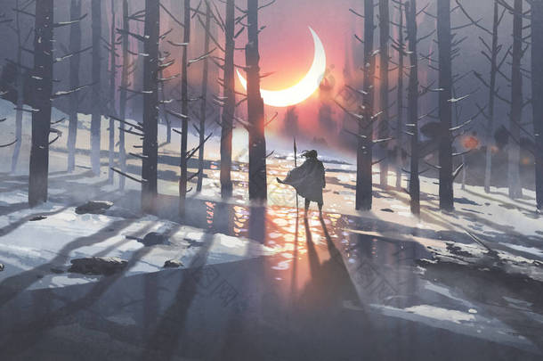 人在冬天的森林里看着<strong>明月</strong>的最高峰，数码艺术风格，插图绘画