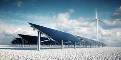 现代和未来派的审美黑色太阳能电池板的大型光伏电站与风力涡轮机在阳光明媚的午后天气与部分多云的蓝天背景。3d 渲染.