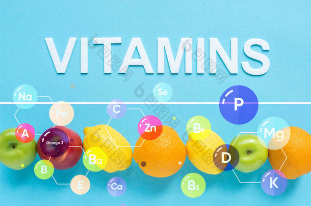 成熟水果系列概览及蓝色<strong>背景</strong>的维生素图解