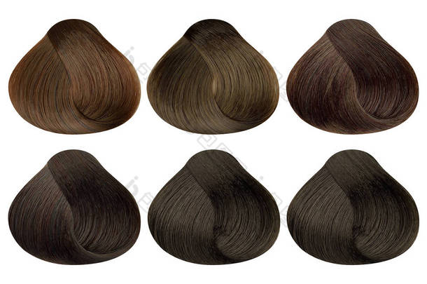 一套不同的棕色头发颜色样本 (焦糖, 金色咖啡, 赤褐色, 深色的紫红色, 天然棕色和深色巧克力) 的锁, 圆形, 孤立在白色背景, 剪裁路径包括