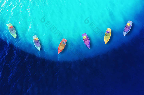 从空中出发的船夏日的海景,阳光普照,清澈清澈.无人机在船上的俯瞰。旅行-形象