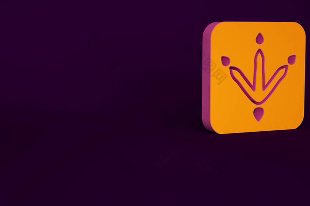 橙色鸡爪<strong>脚印图标</strong>孤立在紫色背景.公鸡邮票。最低纲领的概念。3D渲染3D插图.