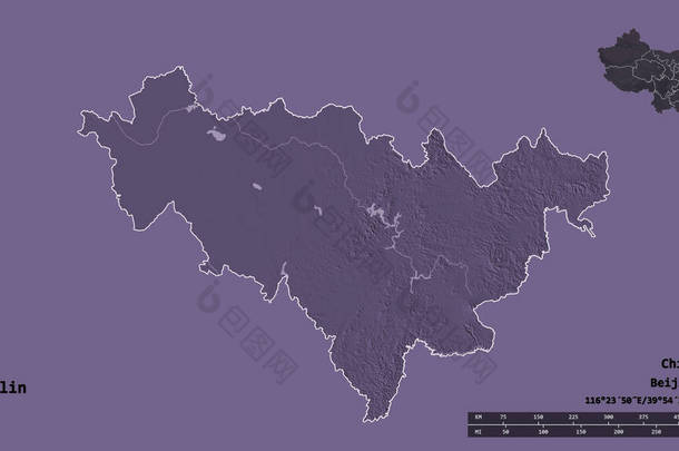 吉林省的形状，其<strong>首都</strong>在坚实的背景下与世隔绝。距离尺度,区域预览和标签.彩色高程图。3D渲染