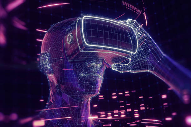 3d 渲染虚拟人拿着虚拟现实眼镜包围的虚拟数据与霓虹灯紫外线线。玩家开始 vr 游戏。vr 体验.