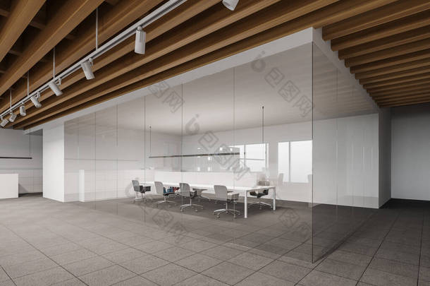 现代<strong>会议室</strong>的角落，有白色和玻璃墙，铺了地毯的地板，木制天花板和有灰色扶手椅的长会议桌。3d渲染