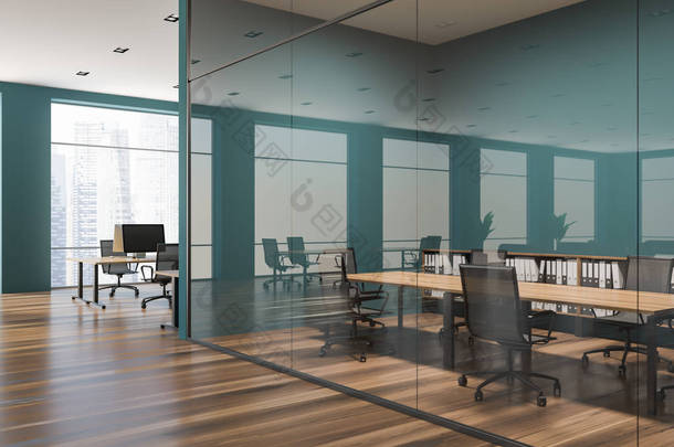 时尚的会议室内有绿色和玻璃墙, 木制桌子和金属椅。<strong>开放空间</strong>办公室在背景。3d 渲染复制<strong>空间</strong>