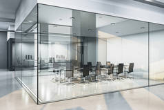 现代化的会议室,有谈判桌和全景城市景观.工作场所和生活方式的概念。3D渲染