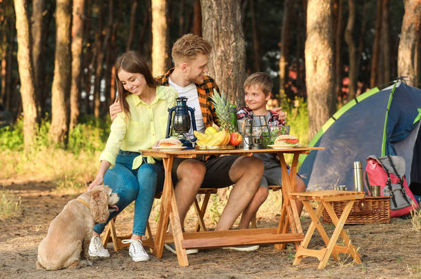 快乐的家庭在森林里野餐