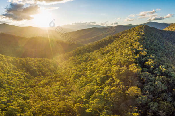 日落时美丽的澳大利亚阿尔卑斯山的空中全景。森林丘陵和乡村道路