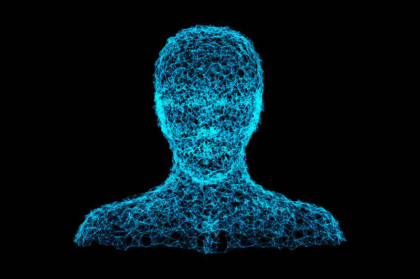混沌线在蓝色背景下塑造人脸在技术概念, 人工智能。3d 插图