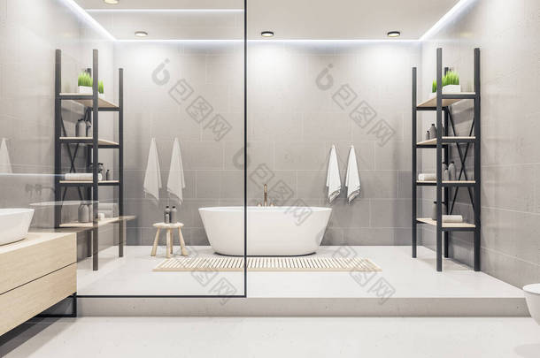 现代化的浴室内部与最低限度的<strong>淋浴</strong>，水槽和浴缸。风格和卫生概念。3D渲染