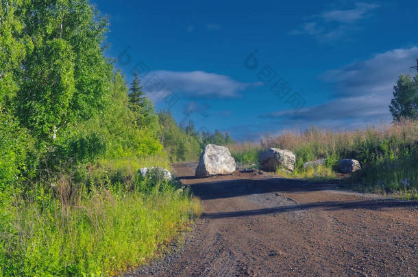 巨石挡住了一条森林小路.森林小径上有一块大石头挡住了路.