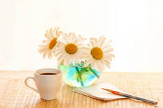 早上在桌子上摆花雏菊, 早餐加咖啡, 用红色铅笔在床单上画画写作