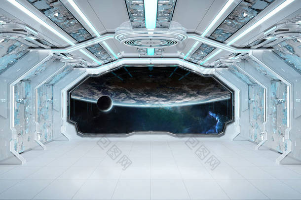 白色蓝色太空飞船未来派内部与窗口看法在 pla