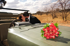 一辆汽车的引擎盖上的玫瑰红色花束刚结婚新郎新娘接吻在背景中