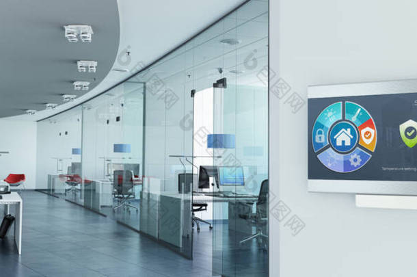 配备控制照明、温度、空<strong>气质</strong>量、出入和安全的控制面板的现代办公室三维绘制