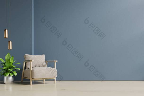 内部有一把扶手椅在空旷的深蓝色墙壁背景上，3D<strong>渲染</strong>