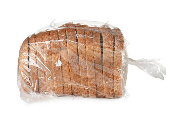在白色背景上的塑料袋切片面包