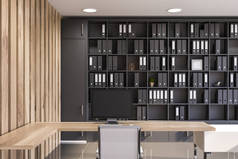 灰色和木制办公室内部, 书架