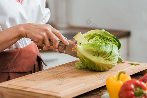 妇女准备沙拉晚餐和在家里切白菜的裁剪图像