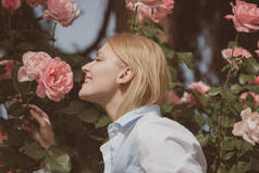 像花一样嫩。年轻的妇女在开花的玫瑰灌木。漂亮的女人闻到玫瑰花在夏天的花园。可爱的女人享受花的绽放。夏日花花