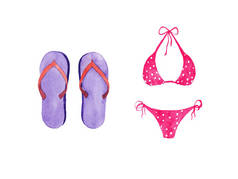 手绘水彩套装的沙滩装隔离在白色背景上。粉红色泳衣和凉鞋，紫色拖鞋