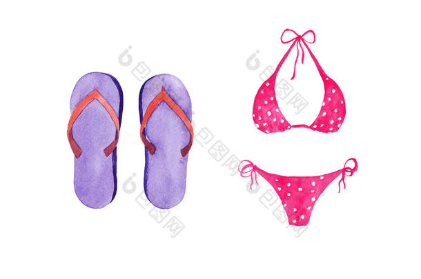 手绘水彩<strong>套装</strong>的沙滩装隔离在白色背景上。<strong>粉红</strong>色泳衣和凉鞋，紫色拖鞋