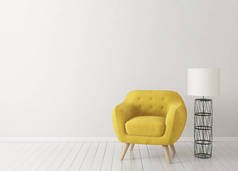 带有黄色扶手椅和台灯的现代起居室。斯堪的纳维亚室内设计家具