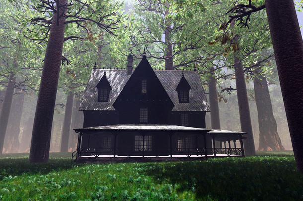雪碧和吓人的房子，在森林深处 3d 渲染